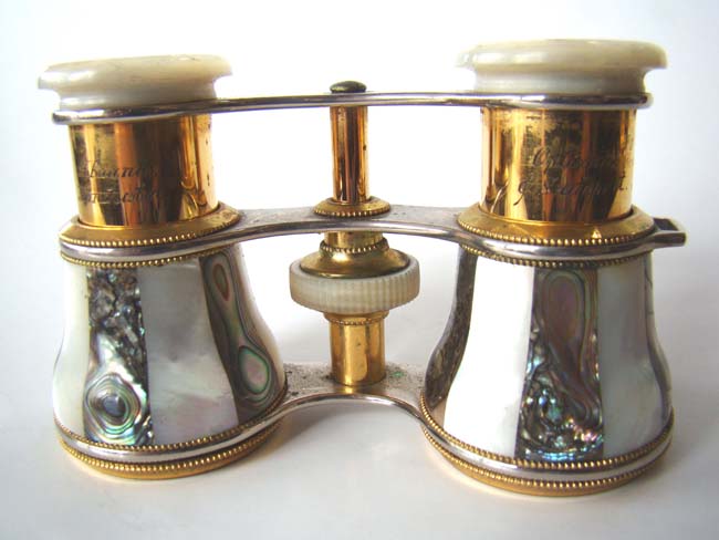 A magnificent pair of antique French opera glasses mounted with abalone and mother-of-pearl circa 1890